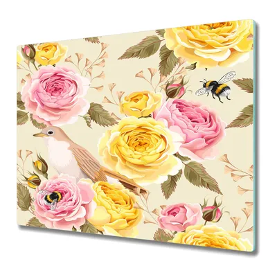 Produktbild von Küche Teller - Schneidebrett Glas - Herd Abdeckung -Englisch Rose Vögel