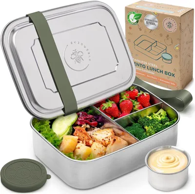 Produktbild von Bento Box 1,8 L, Edelstahl, 3 Fächer, auslaufsicherer Soßenbehälter, salbeigrün, für Arbeit