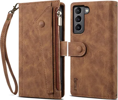 Produktbild von Schutzhülle für Samsung Galaxy S22 5G Reißverschluss Hülle, Leder Klapphülle Kartenfach Standfunktion Brieftasche mit Trageband Braun