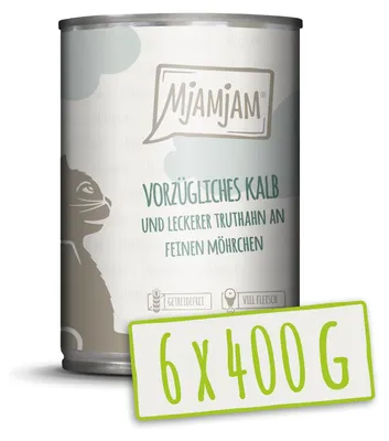 Image de MjAMjAM - 6x400g boîtes veau & dinde aux carottes nourriture humide pour chats nourriture principale nature