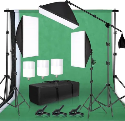 Produktbild von Fotostudio Set – Softboxen und Greenscreen – LED-Studiolampen mit Stativen – Hintergrundrahmen – Tragetasche – Komplettset für Foto und Video