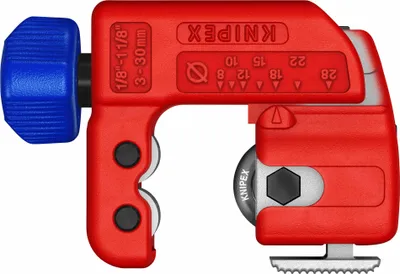 A close-up studio shot of a red Knipex pipe cutter against a white background.