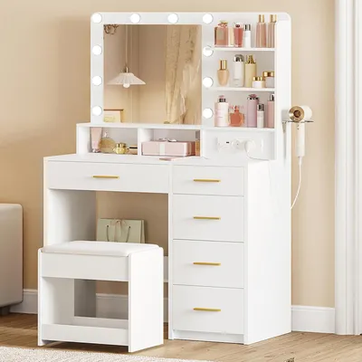 Image de Table de maquillage avec éclairage LED à 3 couleurs, prise électrique, tabouret, support pour sèche-cheveux et de nombreux tiroirs