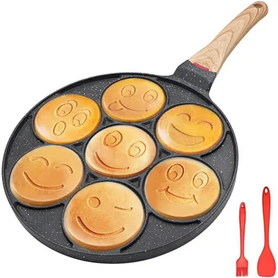 Productafbeelding van Koekenpan voor pannenkoeken, anti-aanbaklaag, 7 gaten, voor spiegeleieren, kinderdesign, zwart, alleen geschikt voor gasfornuizen
