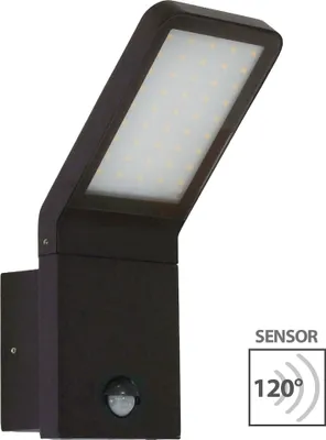 A dark-colored LED outdoor wall light with a motion sensor is shown against a white background. A graphic overlay indicates 'SENSOR 120°'.