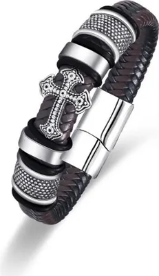 Produktbild von Geflochtenes Herrenarmband mit silbernem Kreuz. Magnetverschluss. 19 cm.