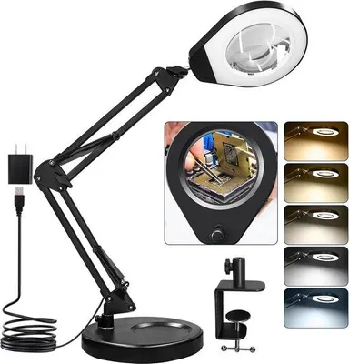 Productafbeelding van Famanu LED-loepverlichting met statief en klem – Dimbaar, met 5-voudige vergrotingsglas en 5 lichtkleuren