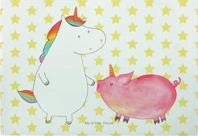 Produktbild von Mr. & Mrs. Panda Frühstücksbrett Einhorn Schwein - Weiß - Geschenk, Unicorn, Freundin, Vesperplatte, Servierplatte, Schneidebrett, Einhörner, Schweinchen, Glas, Hackbrett