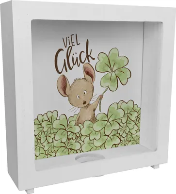Produktbild von Viel Glück Rahmen Spardose aus Holz mit einer kleinen Maus