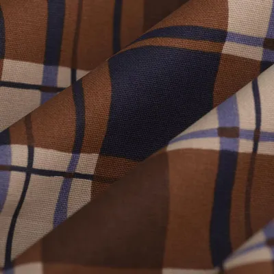 Imagen del producto de Tela Tinsley Bachette, 147 cm de ancho, color marrón y azul, con certificación