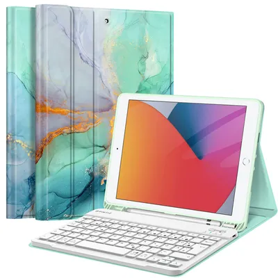 Produktbild von Fintie Tastatur Hülle für iPad 10.2 Zoll (9/8/ 7 Generation - 2021/2020/2019), Schutzhülle mit TPU Rückschale, Pencil Halter und magnetisch Abnehmbarer Tastatur mit QWERTZ Layout, Smaragd