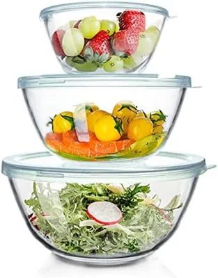 Produktbild von Unyqoos® 3er-Set Glas-Rührschüsseln mit verschließbaren Deckeln – hitzebeständig, stapelbar, ofen-, mikrowellen-, kühl- und gefriergeeignet, spülmaschinenfest