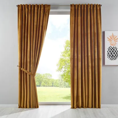 Produktbild von Verdunkelung Vorhang »Milano« Samt blickdicht Schlaufenband Tunneldurchzug Blackout Bügelband kürzbar Senf 2 Stück HxB 280x135 cm, 20357