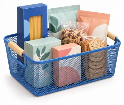 Productafbeelding van Relaxdays Draadmand met houten handgrepen, vierkant, metalen opbergmand, afmetingen B x H x D: 16,5 x 37 x 22,5 cm, geschikt voor keuken, badkamer, donkerblauw, AI-gegenereerde afbeelding