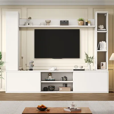 Produktbild von TV Wohnwand-set mit Vitrinen inkl.TV-Board, Standregal und 2 Wandregal TV Wohnzimmermöbel-Set bis 80' 180*35*33.5cm Weiß