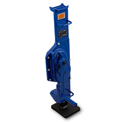 A blue mechanical jack is shown against a white background.