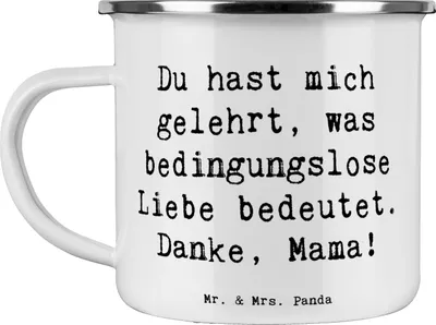 Produktbild von Mr. & Mrs. Panda Teetasse Spruch Mama Liebe - Weiß - Geschenk, beste, Muttertag, Danke, bedingungslose, sagen, Haferl, liebevoll, Emaille Tasse, Aufmerksamkeit, becher