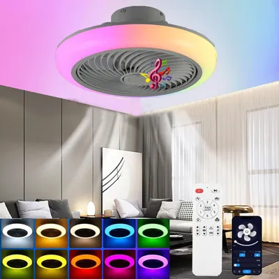 Image de Ventilateur de plafond à LED RGB avec Bluetooth - Ventilateur de plafond rond avec éclairage - 50 W - Intensité réglable - Haut-parleur Bluetooth - Télécommande etvia application - 110–240 V