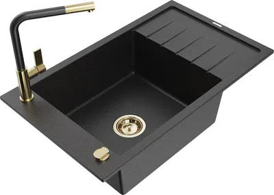 Produktbild von Mexen Elias 1 Becken-Granitspüle mit Abtropffläche und Mischbatterie Flora, Schwarz/Silbermetallic - 6511-73-670401-57-G
