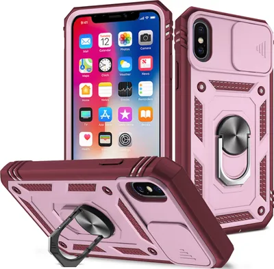 Immagine prodotto di Custodia per iPhone X / iPhone XS protezione fotocamera scorrevole, resistente agli urti, con supporto ad anello, supporto e portacarte Rosso Rosa