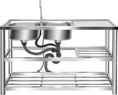 Produktbild von Freistehende Außenspüle - Doppelspülbecken aus Edelstahl - 3 Ebenen Regal - 2 rechteckige Becken - Mit 360° Wasserhahn - 120x45x80 cm - Silber
