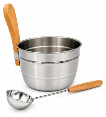 Produktbild von HAF Saunakübel Set Edelstahl Silber 4,5 Liter + Kelle | Aufgusskübel mit Buchenholzgriff | Hochwertiges Sauna Zubehör für Wellness & Entspannung