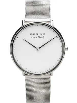 A close-up, studio shot of a Bering watch with a white face and a silver mesh band.