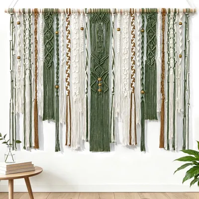 Produktbild von Makramee Wandbehang Wandteppich Wanddeko - 98 x 75 cm - Dunkelgrün - Boho-Stil für Schlafzimmer und Kinderzimmer