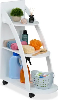 Produktbild von Relaxdays Rollwagen, 3 Ebenen, HxBxT: 80 x 60 x 30 cm, 4 Rollen, Badezimmer, Küche, MDF, schmaler Beistellwagen, weiß