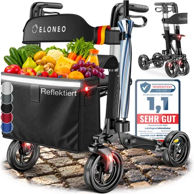 Produktbild von ELONEO Rollator faltbar und leicht mit Sitz, Leichtgewicht-Reiserollator aus Aluminium, Gehhilfe 8-fach höhenverstellbar, Laufhilfe 3-fach faltbar