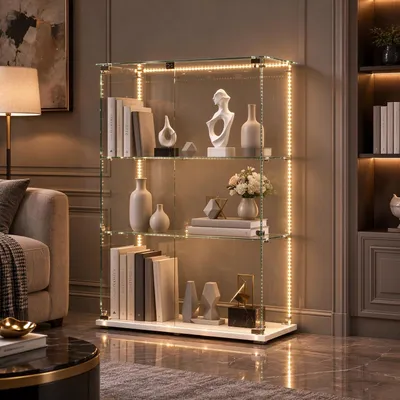 Produktbild von INONEFT Sammlervitrine mit 2 Türen und LED-Lichtleiste, Modern Vitrine mit 3-stufige, Glasvitrine Standvitrine, für Sammlerstücke, Bücher, Weiß