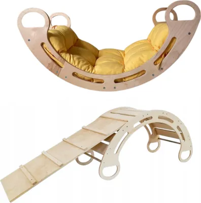 Produktbild von Montessori hojdačka s vankúšom (v žltej farbe) a šmykľavkou, prírodná, 85 cm, 5 v 1, 7 v 1