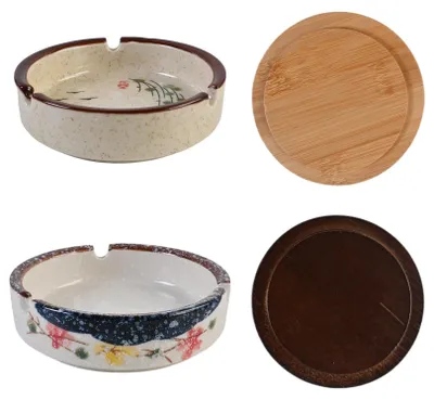 2er-Set Keramik-Aschenbecher mit Bambusdeckel, winddicht, 10,3 cm