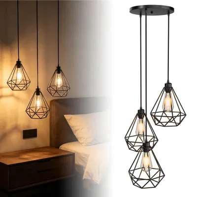Zdjęcie produktu dla Lampa wisząca UISEBRT z okrągłą podstawą, 3-punktowa E27, matowy czarny metal, regulowana wysokość 150 cm, w zestawie żarówki typu Edison, oświetlenie wnętrz w stylu industrialnym