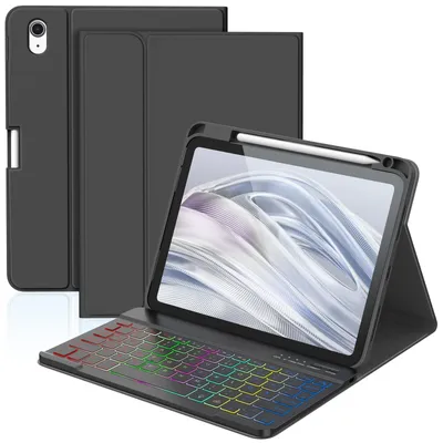 Image de Coque avec clavier pour iPad A16, modèles 11 et 10ème génération, écran de 11 pouces, modèles 2025 et 2022, disponible en 7 couleurs, avec rétroéclairage, couleur noire
