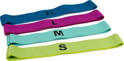 Four loop bands of different sizes and colors are laid out diagonally on a white background.