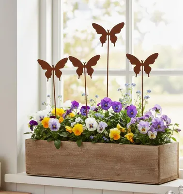 Imagen del producto de Decoración para jardín, mariposas de metal, con aspecto oxidado, juego de 4 unidades, 35x8 cm, para macizos de flores