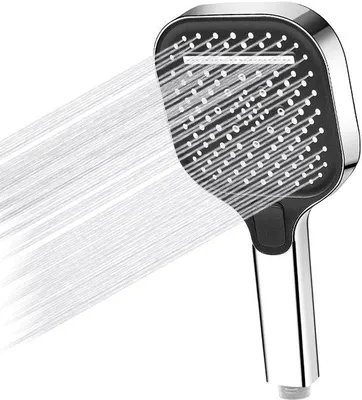 Produktbild von Regenstrahlduschkop mit Wasserverstärker und drei Einrichtungsoptionen für den Wasserstrahl.