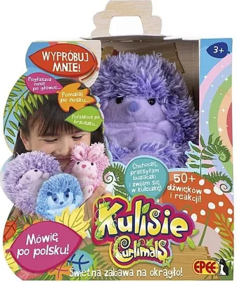 A child playing with plush hedgehog toys, presented in a colorful box with promotional text and graphics.