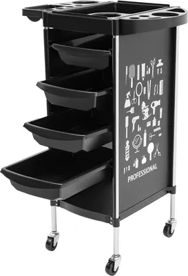 Zdjęcie produktu dla Wózek salonowy – wózek fryzjerski – 6 półek – 4 wysuwane szuflady – tworzywo PP – 37 x 34 x 88 cm – nośność 30–50 kg – czarny
