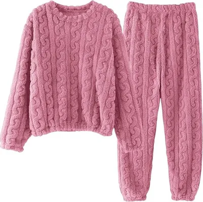 Produktbild von Damen Kuscheliger Fleece Pyjama Set in Rosa, Langarm Kabelstrick Schlafanzug mit Jogginghose, Weiche Flanell Nachtwäsche Loungewear für den Winter, Einheitsgröße, Rosa