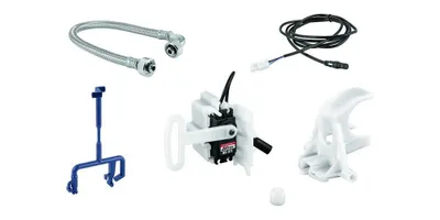 A collection of plumbing and installation parts arranged on a white background.