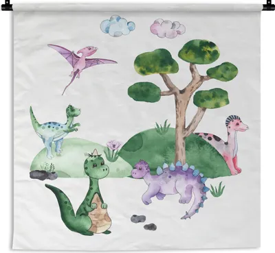 Produktbild von MuchoWow® Wandteppich Wandbehang Kinderzimmer - Dinosaurier - Weiß - Jungen - Mädchen - Kind 150x150 cm Tapisserie Dekoration Wandtuch - Wohnaccessoires - Modernes