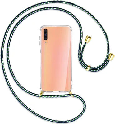 Produktbild von Handykette Backcover-Schutzhülle mit Band (Metall goldfarben) für Samsung Galaxy A50 - grün/blau/weiß
