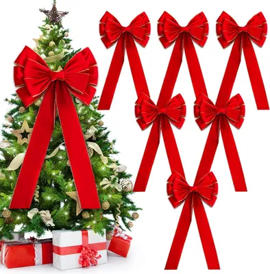 Image de Ruban de Noël, aspect velours rouge, 90 x 45 cm, lot de 6, pour la décoration du sapin de Noël