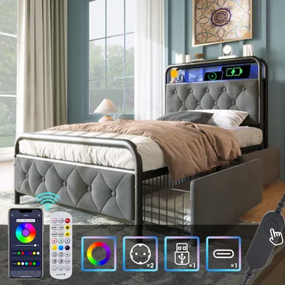 Produktbild von Flieks Polster-Stauraumbett 90x200cm Grau Samt mit Schubladen, LED-Beleuchtung, USB-C & 2 Steckdosen