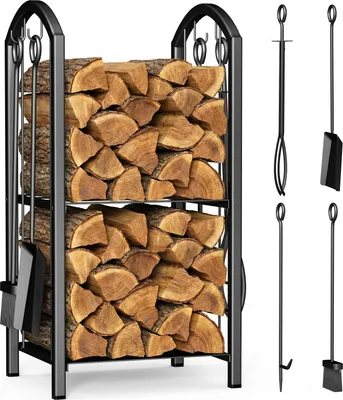 Produktbild von VOUNOT® Kaminholzregal mit 4 Kaminbesteck, Metall Brennholzregal für Innen und Ausse, 2 Ablagen, Schwarz, 38x33x75 cm