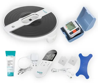 Produktbild von Genius Feelvita Acticur Vital-Set 13-tlg. Durchblutungs- Stimulator Bein und Fuß, EMS & TENS Gerät, 3 Elektrodenpads & Blutdruckmessgerät Handgelenk