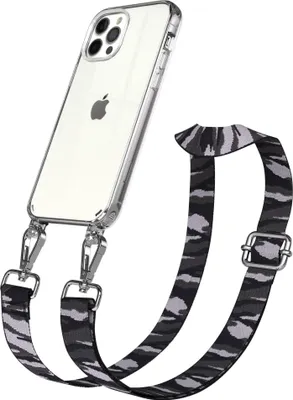 Produktbild von EAZY CASE Handykette - Verstellbarer Trageriemen kompatibel mit Apple iPhone 12 / 12 Pro, Handykordel mit transparenter Silikon-Hülle, Karabiner Silber, Camouflage Style, Band in Grau
