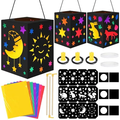 Produktbild von Bastelset für Laternen – Laternen für Sint Maarten – 3 Stück – 14 x 20 cm – Motive: Mond, Sterne und Tiere